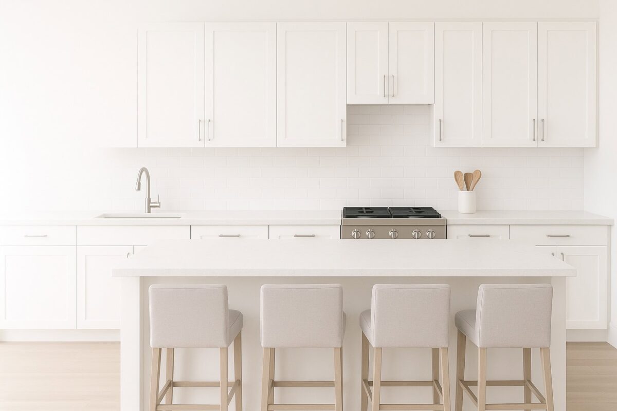 Home renovation-Modern kitchen renovation with white shaker cabinets and island with seating