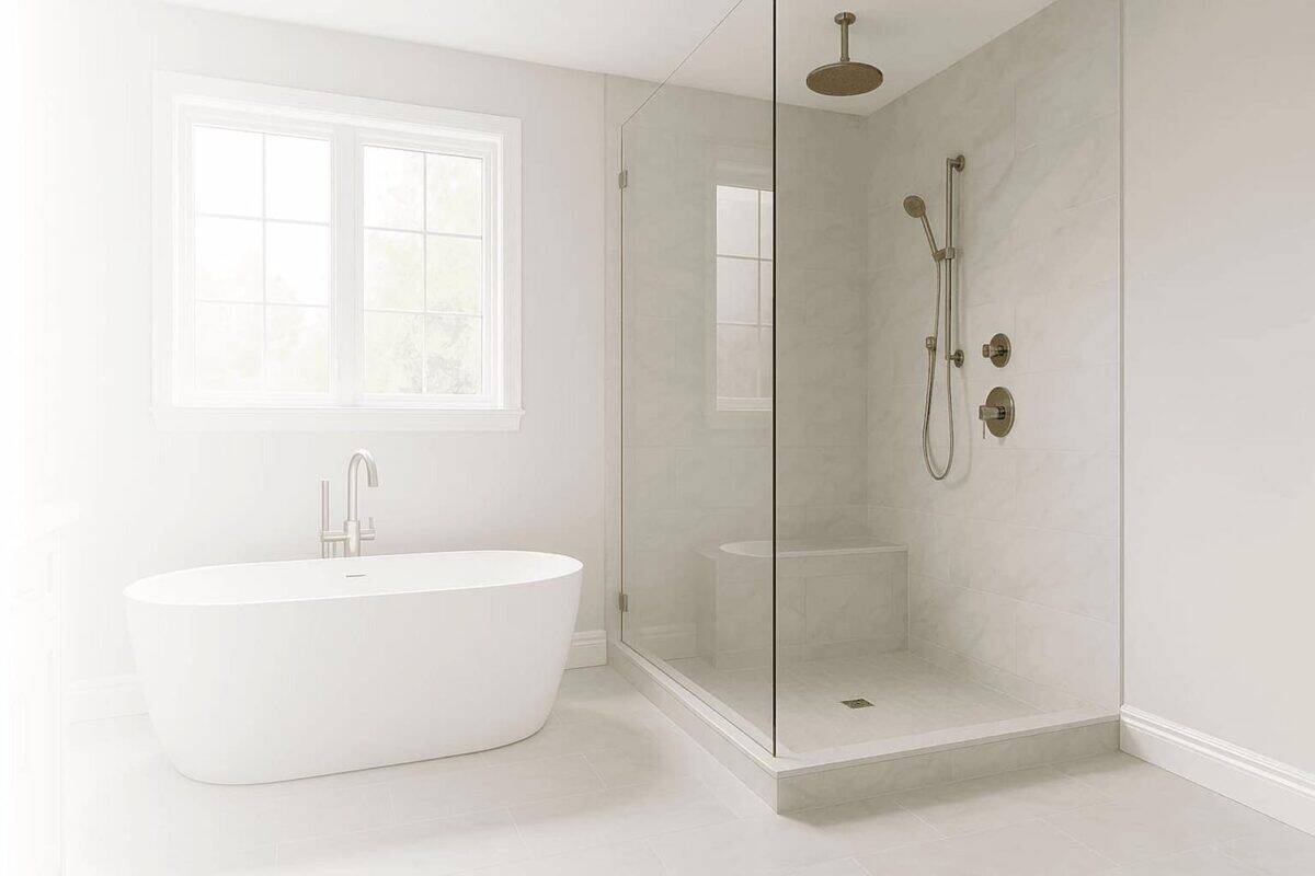 Home renovation-Spa-inspired bathroom renovation with freestanding tub and tiled shower